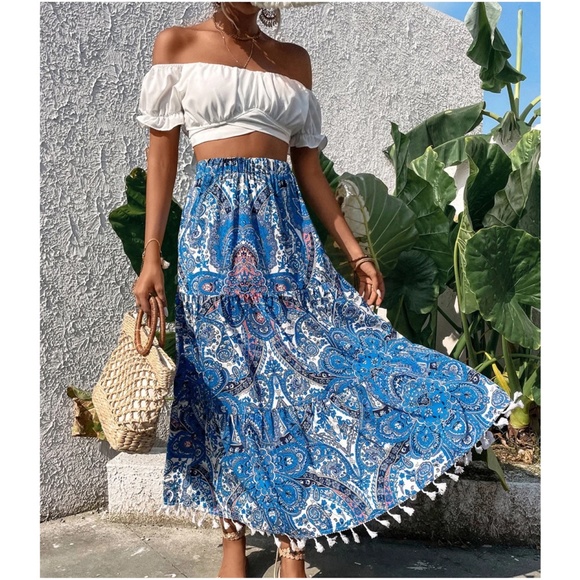 Paisley Print Tassel Hem Maxi Skirt - Picture 2 of 10